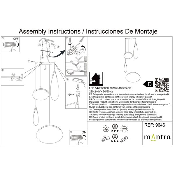 Suspension LED OASIS 54W dorée à 4 ampoules, 3000K, dimmable TRIAC, 1890 lm