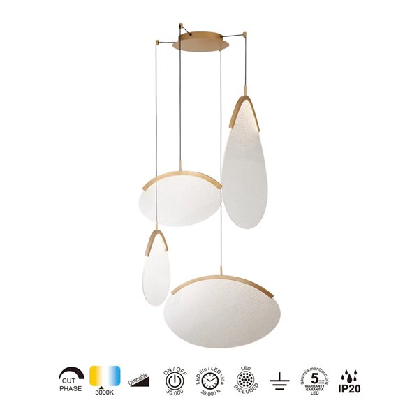 Lámpara colgante LED 54W dorada 4 luces OASIS, 3000K regulable TRIAC 1890Lm