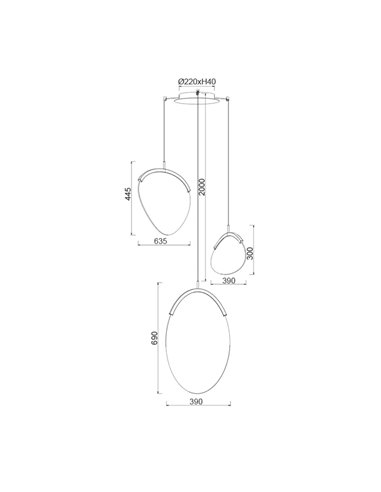 Luminária pendente LED OASIS 40W dourada com 3 lâmpadas, 3000K, dimerizável, TRIAC, 1400 lúmens.
