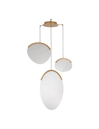 Luminária pendente LED OASIS 40W dourada com 3 lâmpadas, 3000K, dimerizável, TRIAC, 1400 lúmens.