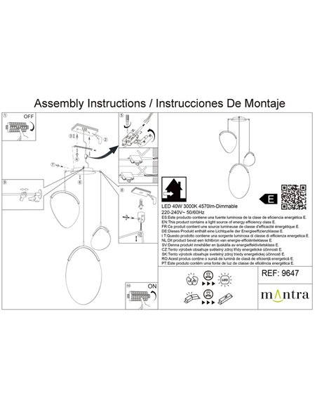 Suspension LED OASIS 40W dorée à 3 ampoules, 3000K, dimmable TRIAC, 1400 lm