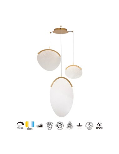 Luminária pendente LED OASIS 40W dourada com 3 lâmpadas, 3000K, dimerizável, TRIAC, 1400 lúmens.
