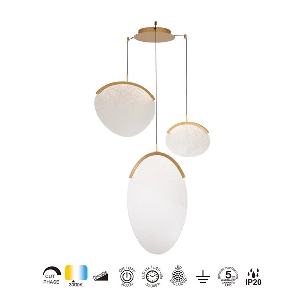 Lámpara colgante LED 40W dorada 3 luces OASIS, 3000K regulable TRIAC 1400Lm