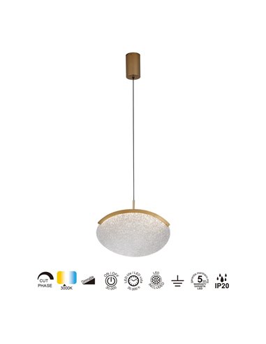 Luminária pendente LED oval dourada OASIS 12W, Ø39 cm, TRIAC dimerizável 3000K, 420 lúmens