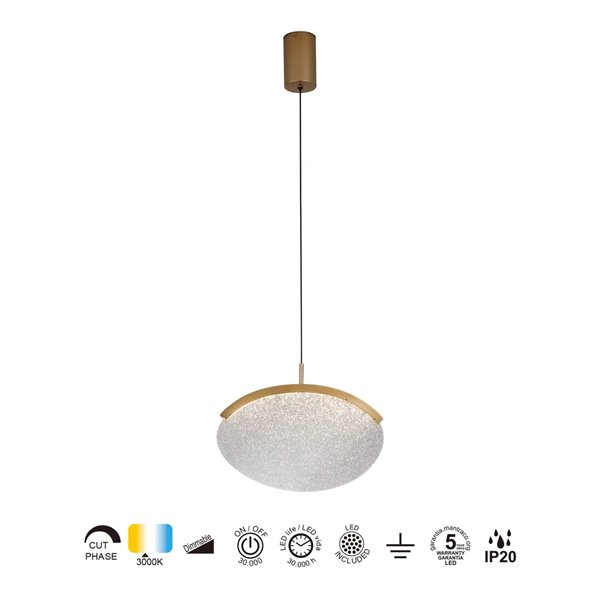 Luminária pendente LED oval dourada OASIS 12W, Ø39 cm, TRIAC dimerizável 3000K, 420 lúmens