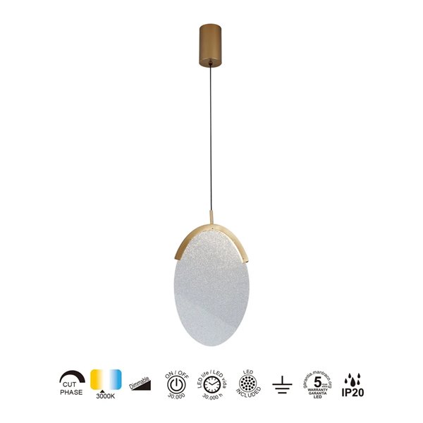 Colgante alargado LED 12W dorado OASIS Ø24,5 cm, 3000K regulable TRIAC 420Lm