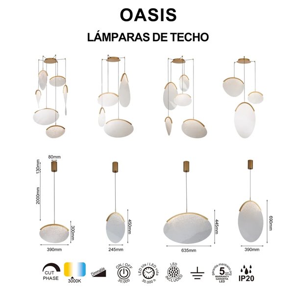 Suspension allongée LED OASIS 12 W dorée, Ø 24,5 cm, 3000 K, dimmable TRIAC, 420 lm