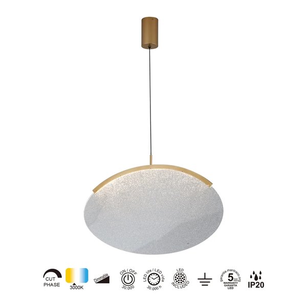 Luminária pendente LED OASIS 15W dourada, Ø63,5 cm, TRIAC dimerizável 3000K, 525 lúmens, design alongado