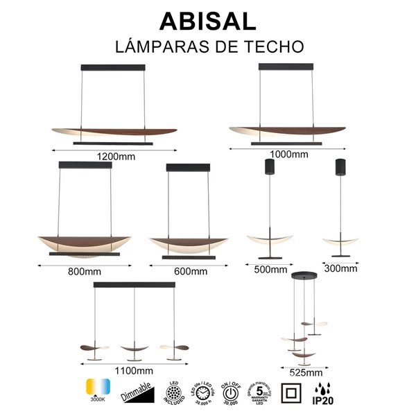 Luminária pendente LED ABISAL 48W, 3000K, dimerizável por TRIAC, 2610 lúmens, design orgânico com difusor e módulo linear.