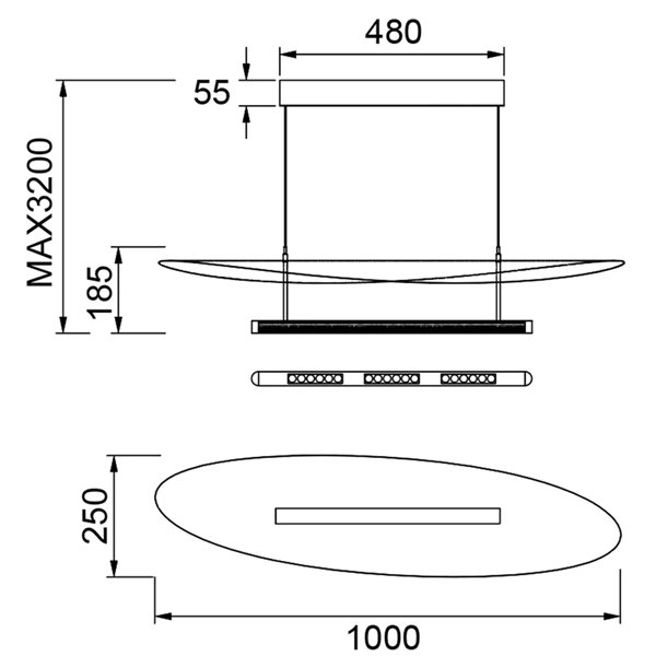 Luminária pendente LED ABISAL 48W, 3000K, dimerizável por TRIAC, 2610 lúmens, design orgânico com difusor e módulo linear.