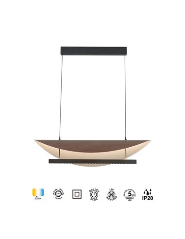 Suspension LED 40W, design moderne noir et bois, 3000K, hauteur réglable