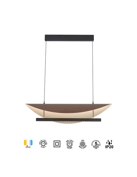 Suspension LED 40W, design moderne noir et bois, 3000K, hauteur réglable