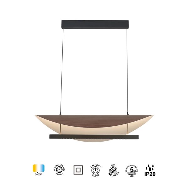 Luminária pendente LED 40W, design moderno, preta e madeira, 3000K, altura ajustável.