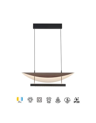 Luminária pendente LED Abisal 28W, 3000K, design moderno, preta e madeira, altura ajustável.
