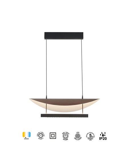 Suspension LED Abisal 28 W, 3000 K, design moderne, noir et bois, hauteur réglable