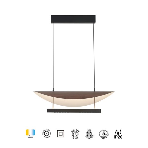 Suspension LED Abisal 28 W, 3000 K, design moderne, noir et bois, hauteur réglable