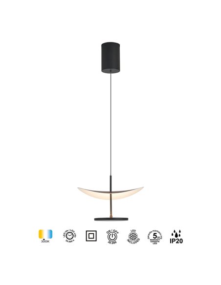 Suspension LED Abisal 12W 3000K Ø30cm, design moderne noir et bois