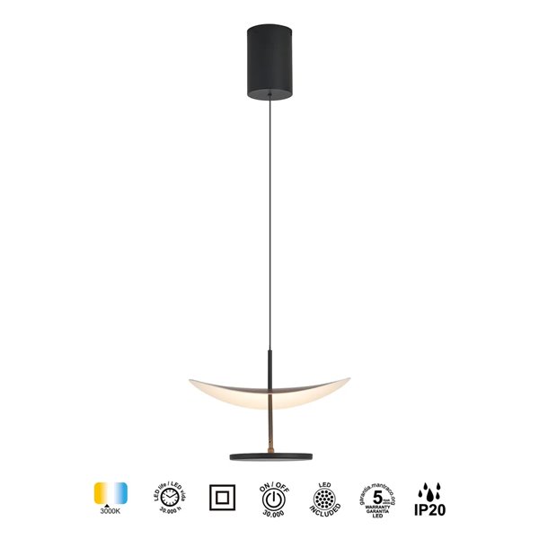 Suspension LED Abisal 12W 3000K Ø30cm, design moderne noir et bois