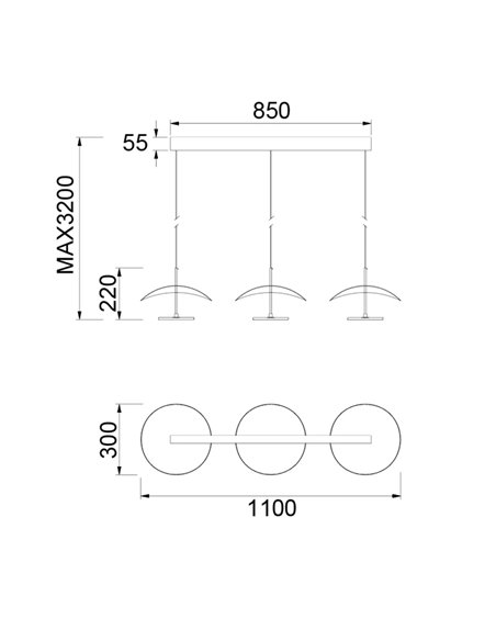 Luminária pendente linear LED Abisal, 3 lâmpadas, 32 W, 3000 K, design moderno, preta e madeira, 110 cm
