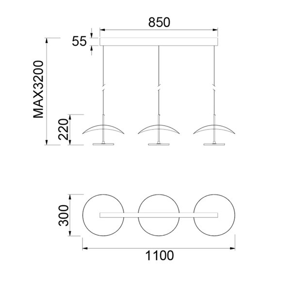 Luminária pendente linear LED Abisal, 3 lâmpadas, 32 W, 3000 K, design moderno, preta e madeira, 110 cm