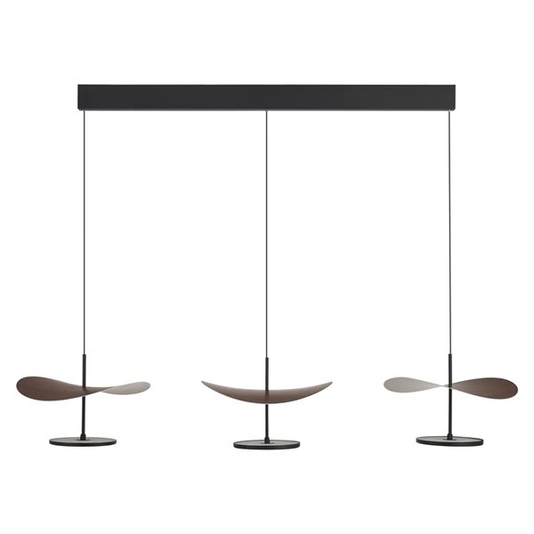 Luminária pendente linear LED Abisal, 3 lâmpadas, 32 W, 3000 K, design moderno, preta e madeira, 110 cm