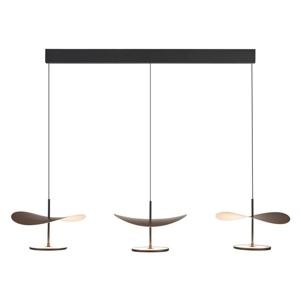 Luminária pendente linear LED Abisal, 3 lâmpadas, 32 W, 3000 K, design moderno, preta e madeira, 110 cm