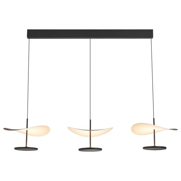 Luminária pendente linear LED Abisal, 3 lâmpadas, 32 W, 3000 K, design moderno, preta e madeira, 110 cm