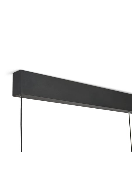 Luminária pendente linear LED Abisal, 3 lâmpadas, 32 W, 3000 K, design moderno, preta e madeira, 110 cm
