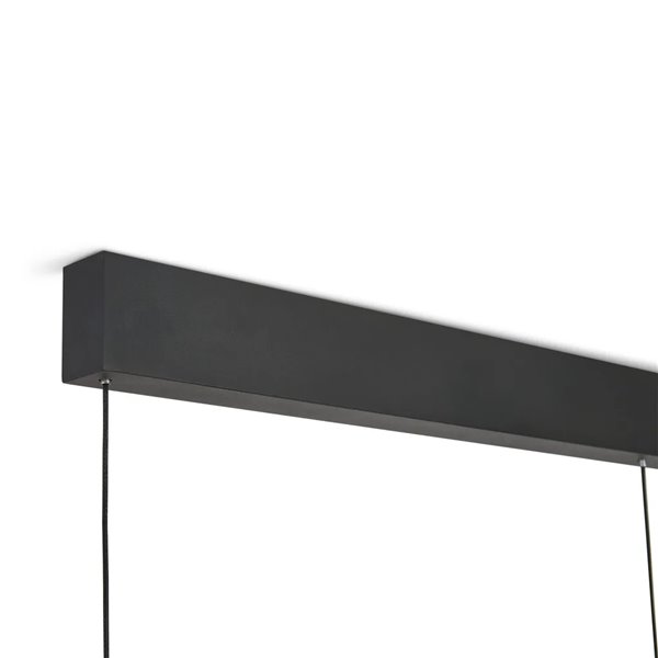 Luminária pendente linear LED Abisal, 3 lâmpadas, 32 W, 3000 K, design moderno, preta e madeira, 110 cm