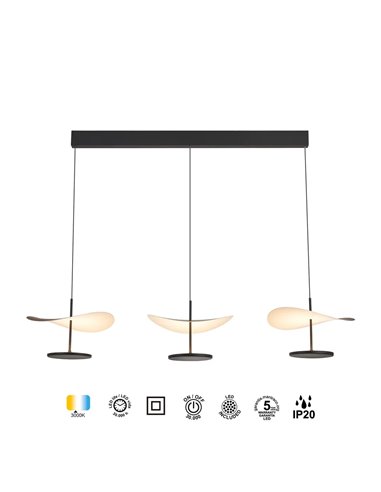 Luminária pendente linear LED Abisal, 3 lâmpadas, 32 W, 3000 K, design moderno, preta e madeira, 110 cm