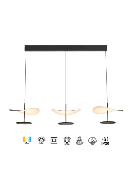 Abisal Lineare LED-Pendelleuchte, 3-flammig, 32 W, 3000 K, modernes Design, Schwarz und Holz, 110 cm