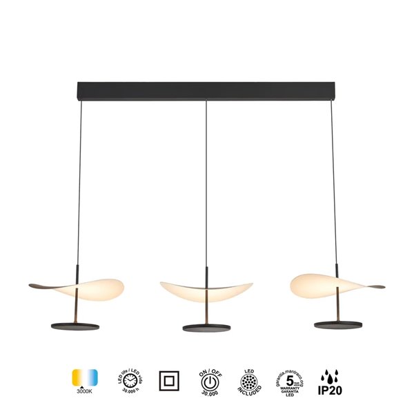 Lámpara colgante LED 3 luces 32W Abisal lineal 3000K diseño moderno negro y madera 110cm