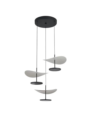 Luminária pendente Abisal LED com 3 lâmpadas, 32W, 3000K, design orgânico em cascata nas cores preto e madeira.