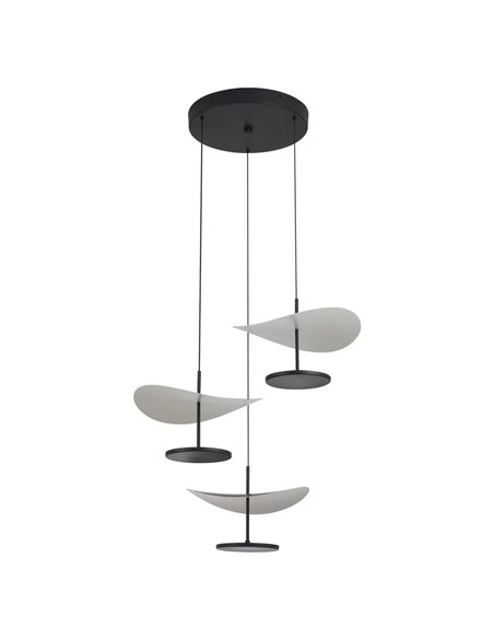 Luminária pendente Abisal LED com 3 lâmpadas, 32W, 3000K, design orgânico em cascata nas cores preto e madeira.