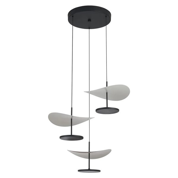 Luminária pendente Abisal LED com 3 lâmpadas, 32W, 3000K, design orgânico em cascata nas cores preto e madeira.