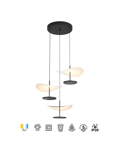 Luminária pendente Abisal LED com 3 lâmpadas, 32W, 3000K, design orgânico em cascata nas cores preto e madeira.