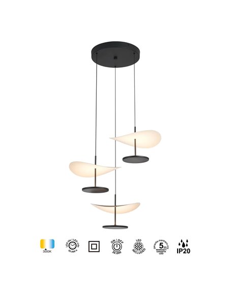 Luminária pendente Abisal LED com 3 lâmpadas, 32W, 3000K, design orgânico em cascata nas cores preto e madeira.