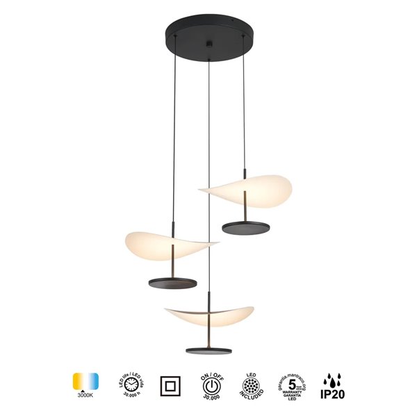 Suspension LED Abisal à 3 ampoules, 32 W, 3000 K, design organique en cascade, finitions noir et bois.