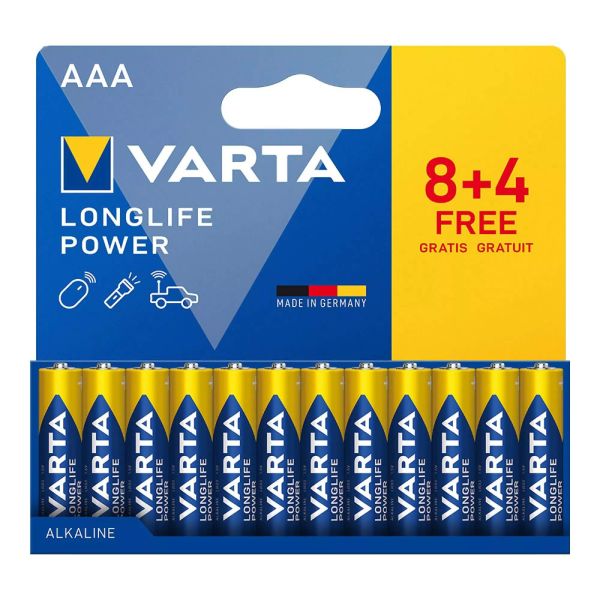 Piles alcalines Varta Longlife Power AAA (LR03) - Pack économique de 12 (8+4)
