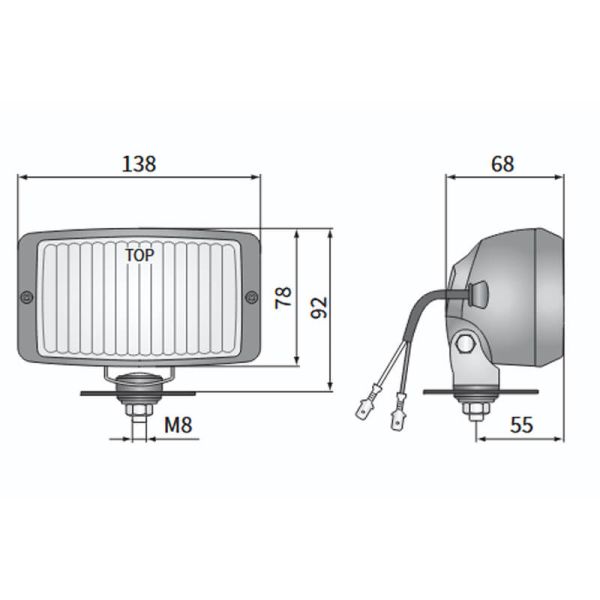 Medidas Faro de Niebla Delantero Rectangular H3 | 12V-24V - Homologación E20 B- IP66