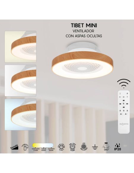 Ventilateur de plafond LED intégré, mini Ventilateur en bois Tibet 7806 Mantra | LeonLeds