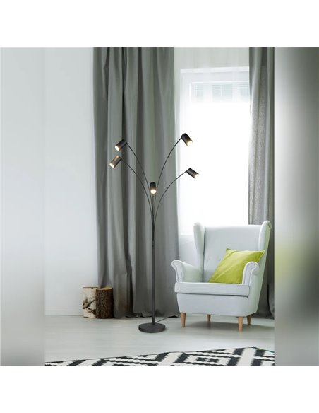 Luminária de chão MARLEY preta, 5 lâmpadas GU10, ajustável, 180 cm, com interruptor, IP20 (lâmpadas não incluídas)