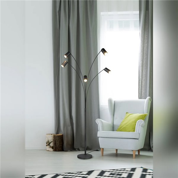 Luminária de chão MARLEY preta, 5 lâmpadas GU10, ajustável, 180 cm, com interruptor, IP20 (lâmpadas não incluídas)