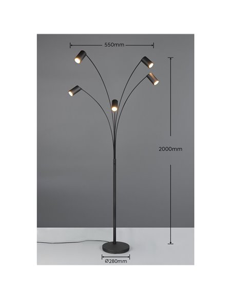 MARLEY schwarze Stehlampe 5xGU10 verstellbar 180cm mit Schalter IP20 (Leuchtmittel nicht enthalten)