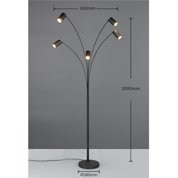 Luminária de chão MARLEY preta, 5 lâmpadas GU10, ajustável, 180 cm, com interruptor, IP20 (lâmpadas não incluídas)