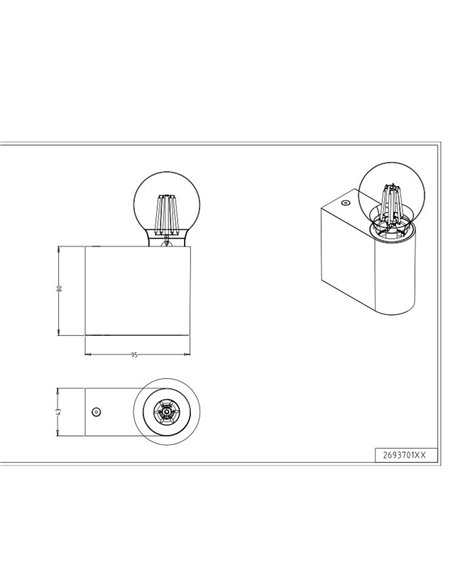 Medidas Aplique de pared PRATELLA negro mate E27 máx. 10W IP44 con Bombilla de filamento