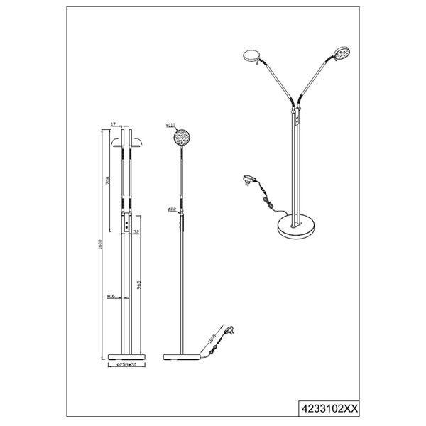 MONZA LED-Stehleuchte, Bronze, 2 x 12 W, Farbtemperatur 2300–4000 K, 2 x 1400 lm, dimmbar, Berührungssensor, Schutzart IP20