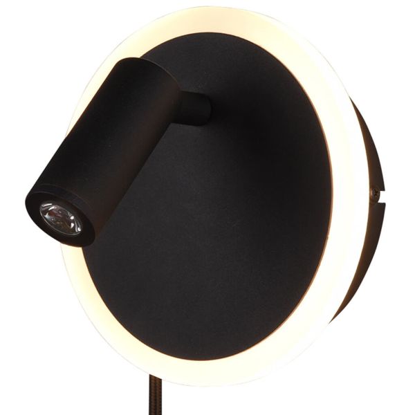 Luminária de parede LED com luz de leitura e luz ambiente, preto fosco.