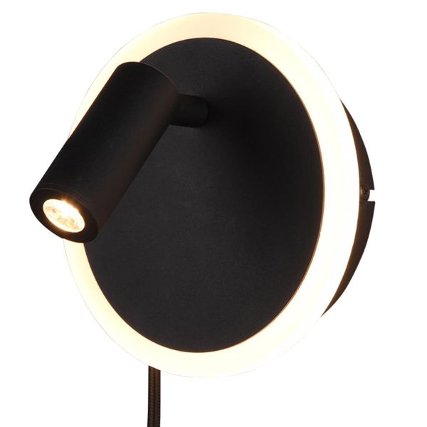 Luminária de parede LED com luz de leitura e luz ambiente, preto fosco.