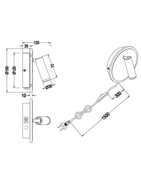 Medidas Aplique de Pared LED con Lector y Luz Ambiente Negro Mate encendido